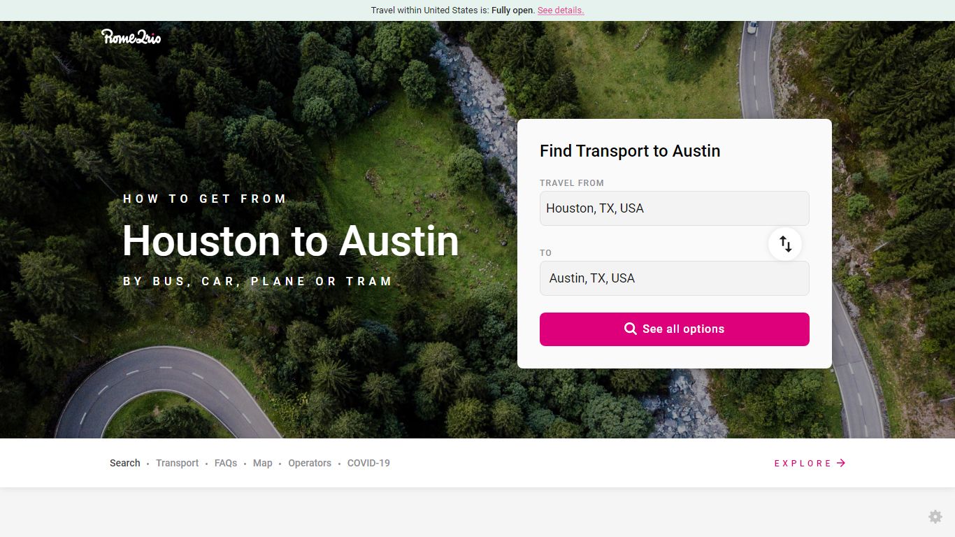 Houston to Austin - 4 travel options by bus, car, plane, line 800 tram